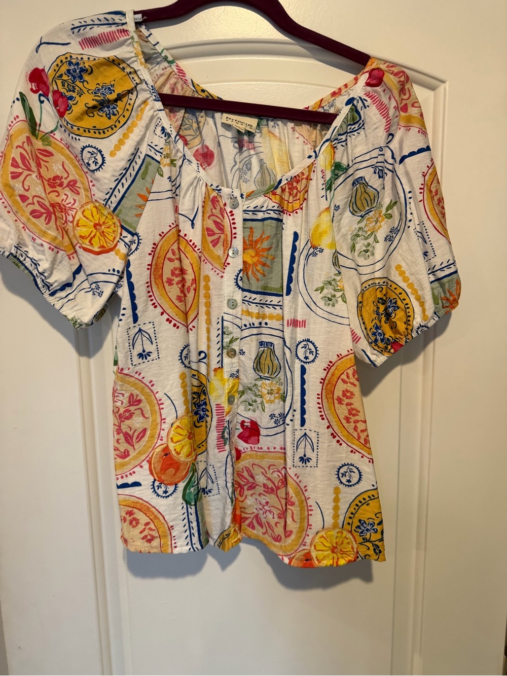 Boho Floral Button-Front Women's Top in White and Multi